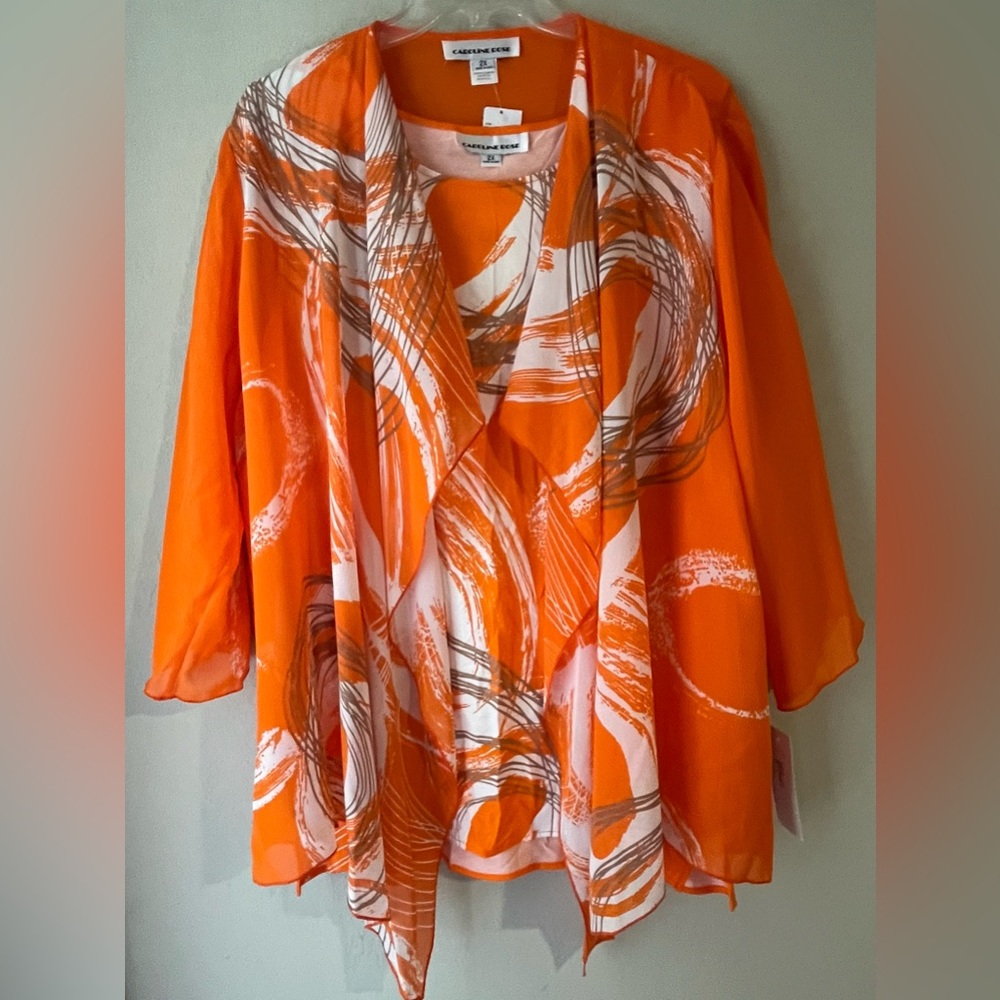 CAROLINE ROSE : NWT - Orange and White Sheer Jacket and Sleeveless Blouse.